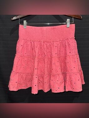 American Eagle Coral Pink Eyelet Lace Overlay Short Skirt Lined Flare M